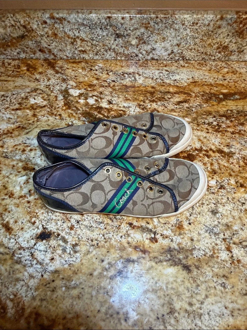 Coach Tan Signature Canvas Slip-On Sneakers with Green & Navy Accents
